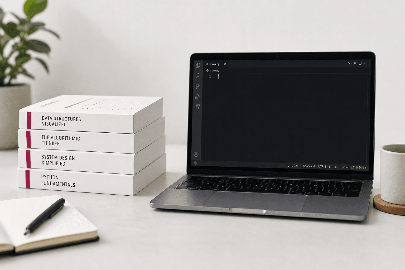 Propwave workspace – open book, code editor, and coffee